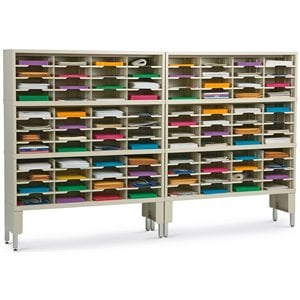 charnstrom stainless steel 96-pockets mail sorter with open leg risers in putty