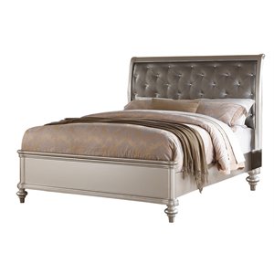 simple relax button tufted padded hb faux leather queen bed in antique silver