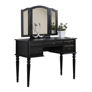 simple relax rubber wood & mdf vanity set with tri-fold mirror in black