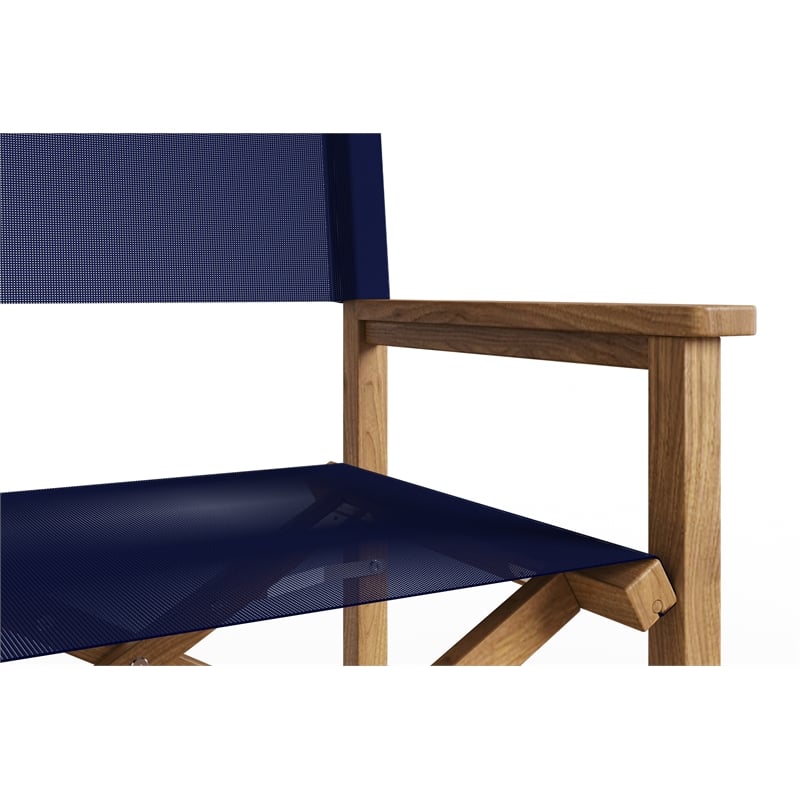 Curated Maison Directeur Teak Outdoor Folding Armchair in Blue Dura-Sling Fabric