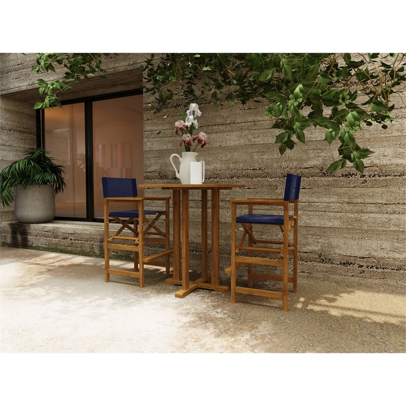 Curated Maison Directeur 3 Pc Square Teak Outdoor Bar Height Dining Set in Blue