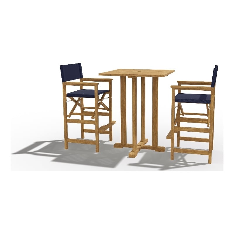Curated Maison Directeur 3 Pc Square Teak Outdoor Bar Height Dining Set in Blue