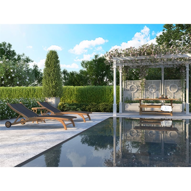 Curated Maison Perrin Teak Outdoor Reclining Chaise Lounger in Black with Wheels