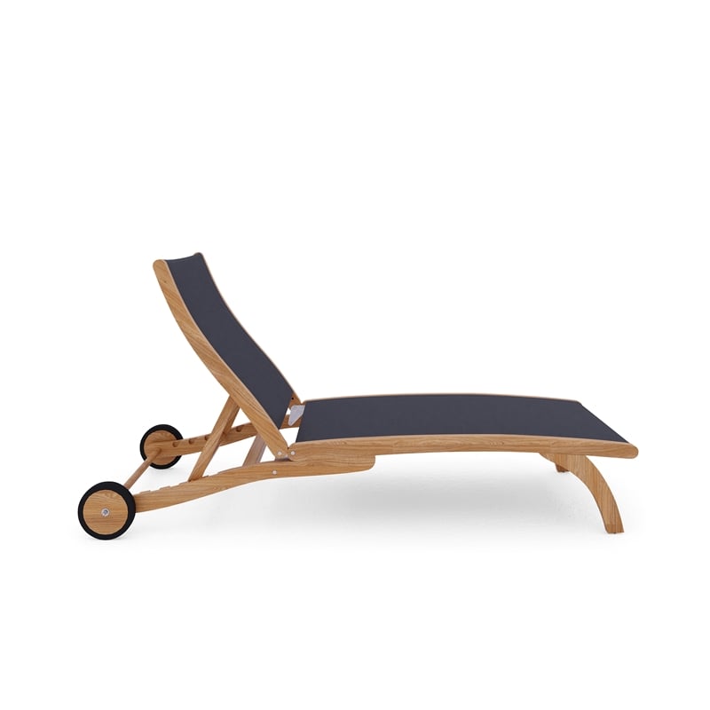 Curated Maison Perrin Teak Outdoor Reclining Chaise Lounger in Black with Wheels