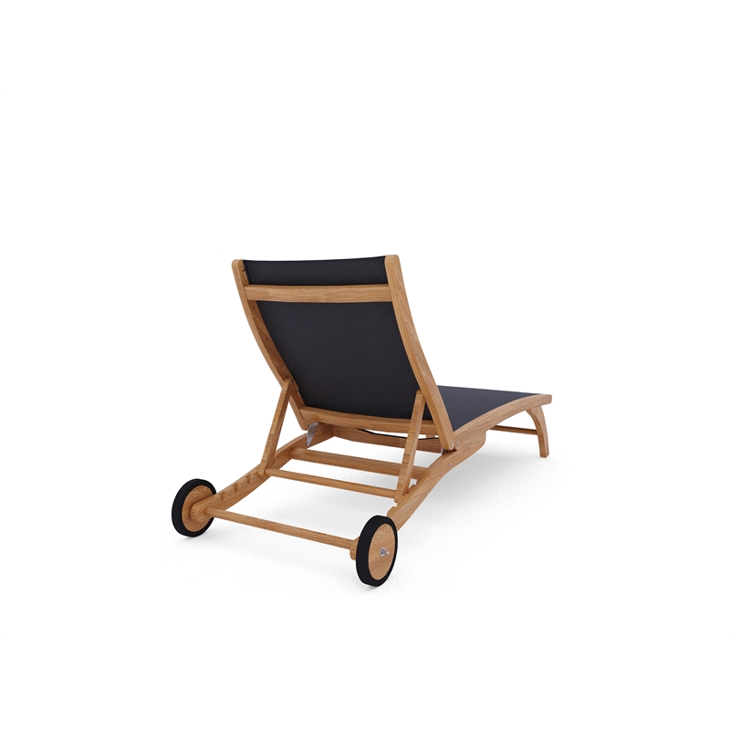 Curated Maison Perrin Teak Outdoor Reclining Chaise Lounger in Black with Wheels