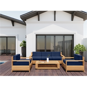 Curated Maison Lothair 4-Pc Teak Outdoor Patio Deep Seating Set w/ Navy Cushions