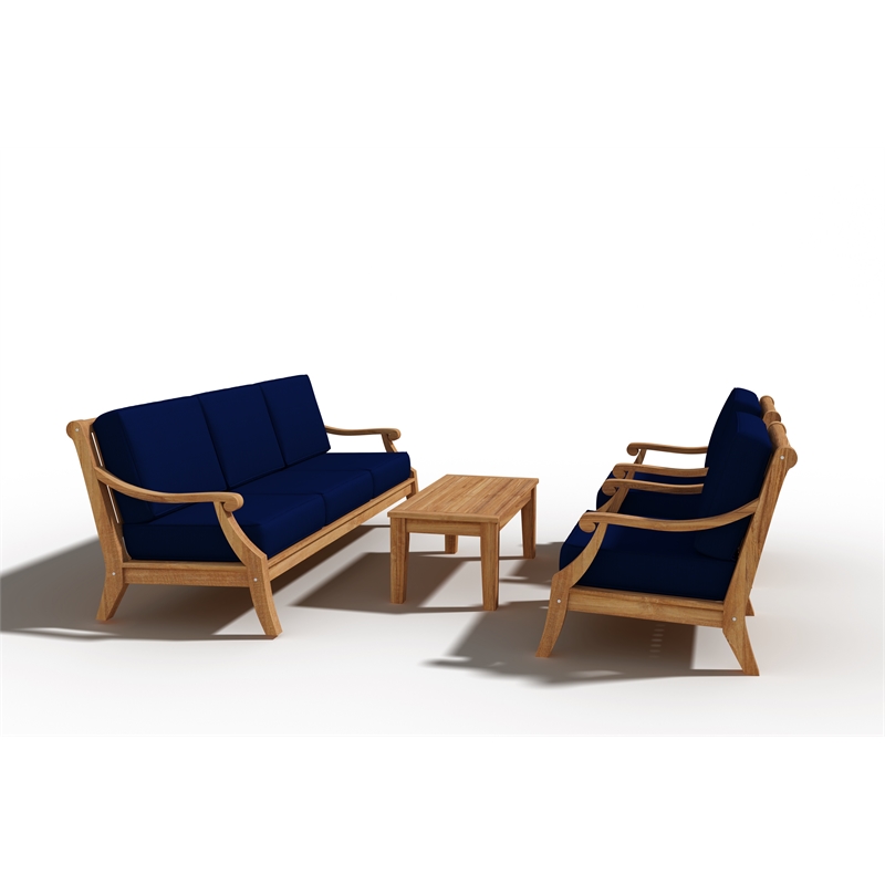 Curated Maison Adrien Teak Deep Seating Outdoor Club Chair with Navy Cushion