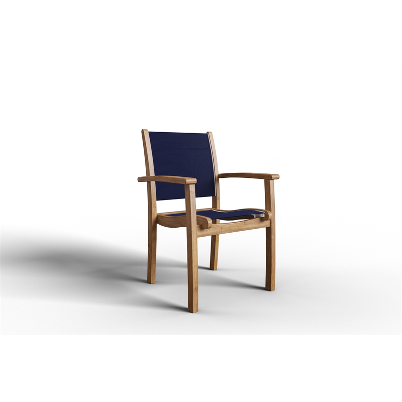 Curated Maison Perrin Stacking Teak Outdoor Dining Armchair in Blue (Set of 4)