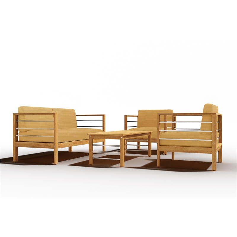 Curated Maison Leon 3-Person Teak Outdoor Sofa with Dupione Cornsilk Yellow