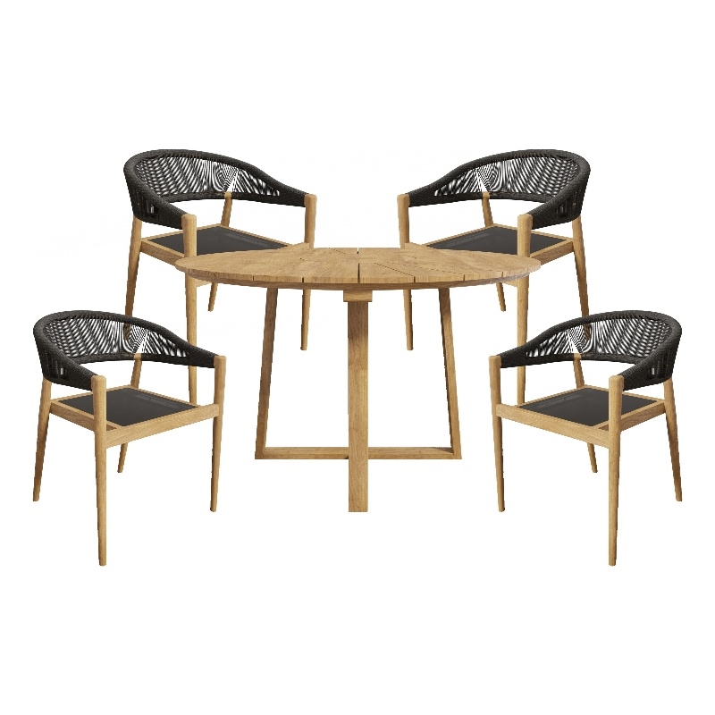 Curated Maison Plaisance 5PC Round Teak Outdoor Dining Set with Armchairs Black