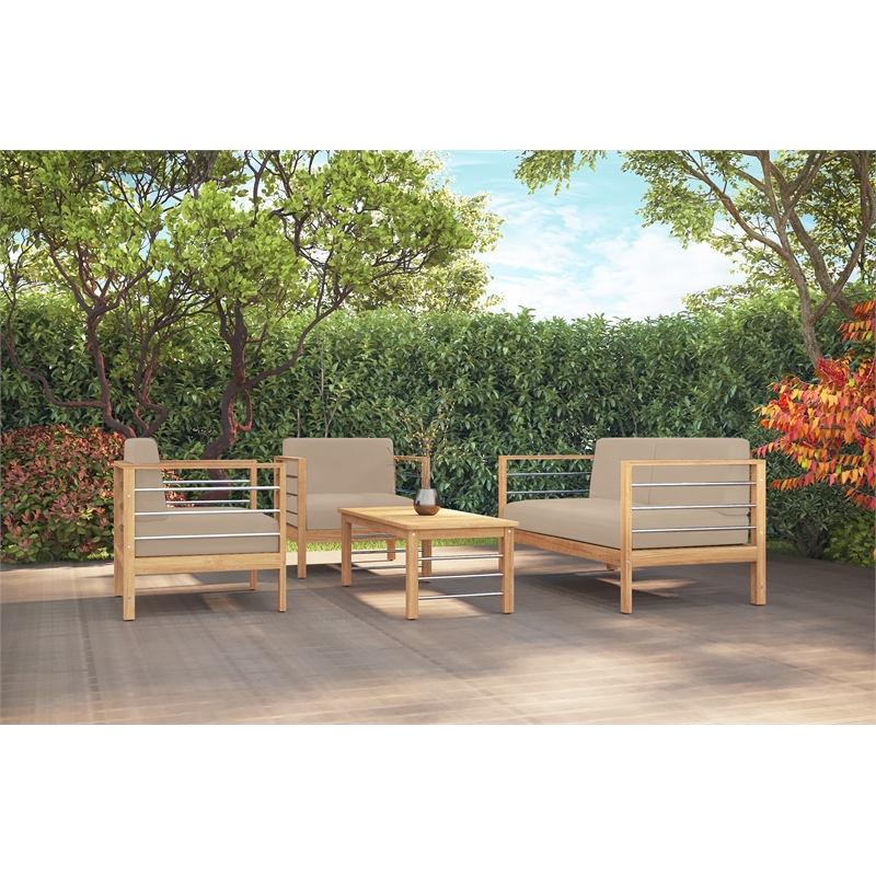 Curated Maison Leon 4-Piece Teak Outdoor Patio Deep Seating Set w/ Fawn Cushions