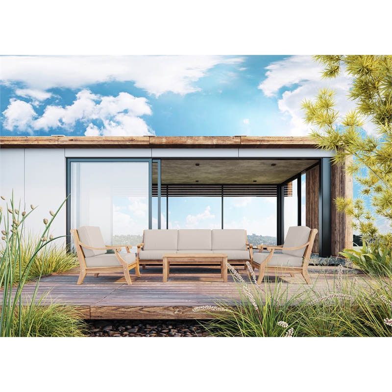 Curated Maison Adrien 87.25-inch Teak Deep Seating Outdoor Sofa w/ Beige