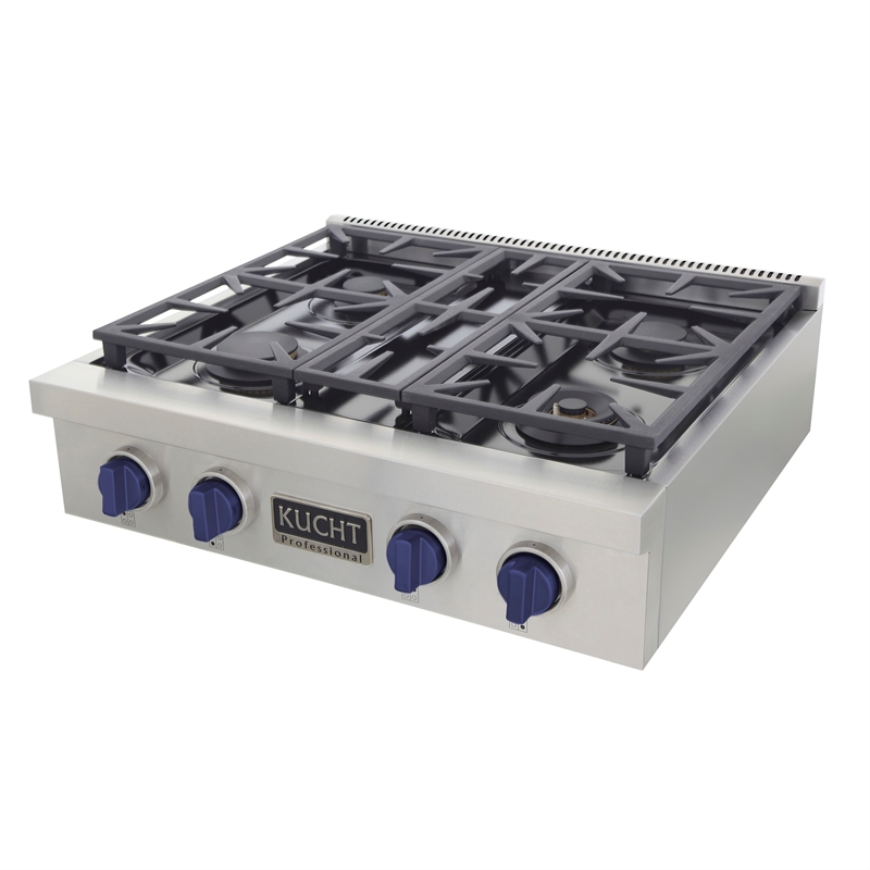 30 in. Natural Gas Range Top in Stainless Steel with Royal Blue Knobs