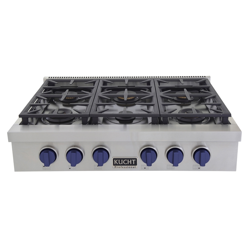 36 in. Natural Gas Range Top in Stainless Steel with Royal Blue Knobs