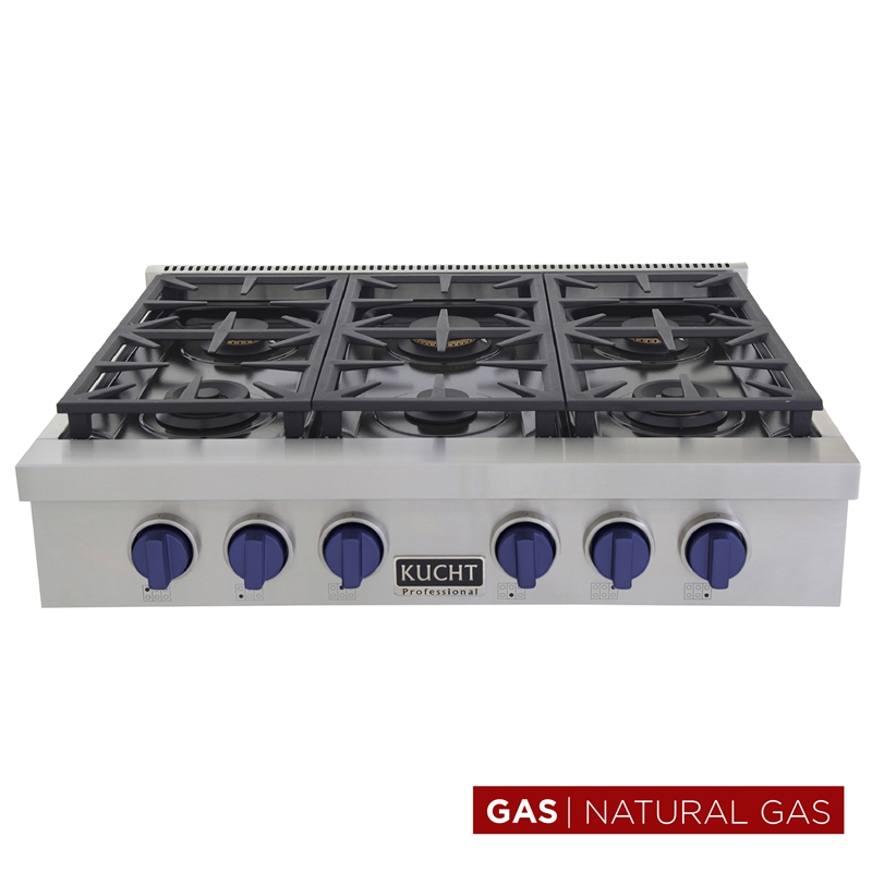 36 in. Natural Gas Range Top in Stainless Steel with Royal Blue Knobs