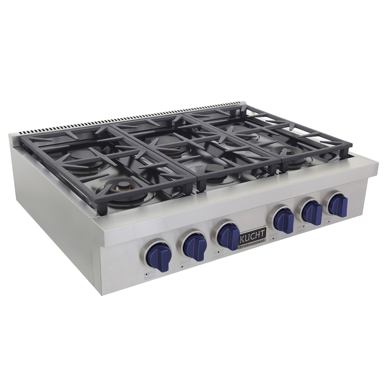 36 in. Natural Gas Range Top in Stainless Steel with Royal Blue Knobs