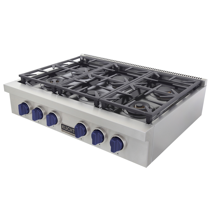 36 in. Natural Gas Range Top in Stainless Steel with Royal Blue Knobs