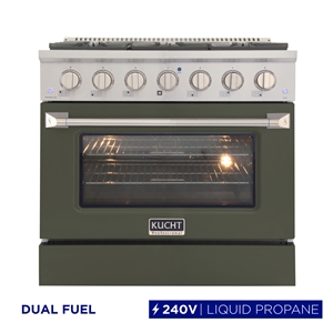 36 in. 5.2 cu. ft Dual Fuel Range for Propane Gas Sealed Burners in Olive Green.