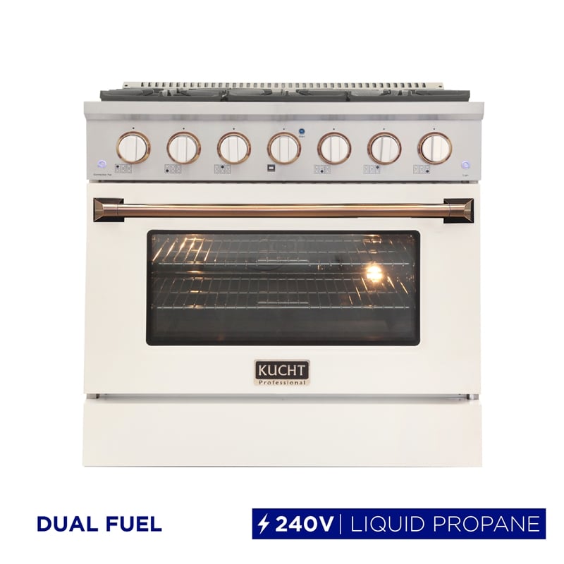 36 in. 5.2 cu. ft. Dual Fuel Range for Propane Gas in  Gold Handle & Ring Knobs.