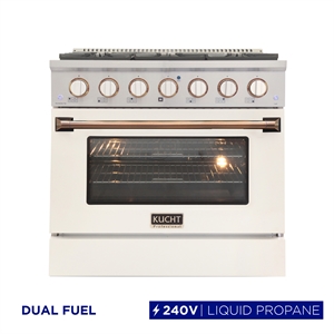 36 in. 5.2 cu. ft. Dual Fuel Range for Propane Gas in  Gold Handle & Ring Knobs.