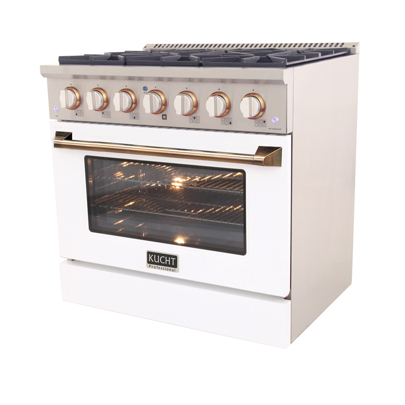 36 in. 5.2 cu. ft. Dual Fuel Range for Propane Gas in  Gold Handle & Ring Knobs.