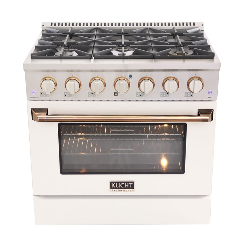 36 in. 5.2 cu. ft. Dual Fuel Range for Propane Gas in  Gold Handle & Ring Knobs.