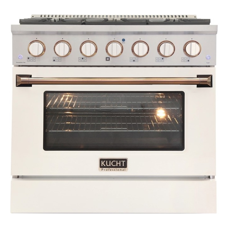 36 in. 5.2 cu. ft. Dual Fuel Range for Propane Gas in  Gold Handle & Ring Knobs.