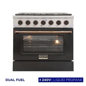 36 in. 5.2 cu. ft. Dual Fuel Range for Propane Gas in Gold Handle &  Ring Knobs.