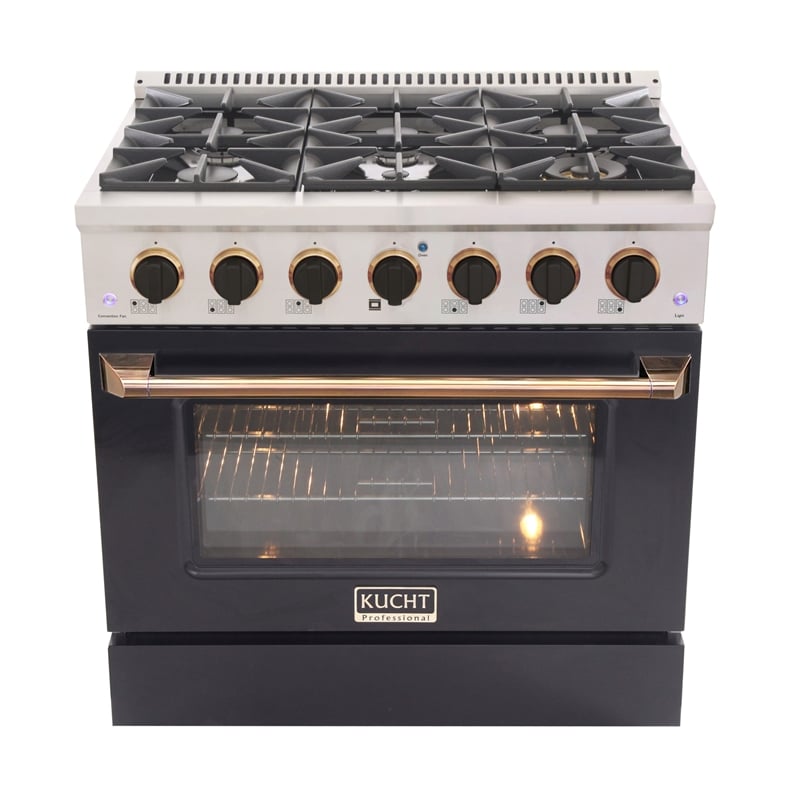 36 in. 5.2 cu. ft. Dual Fuel Range for Propane Gas in Gold Handle &  Ring Knobs.