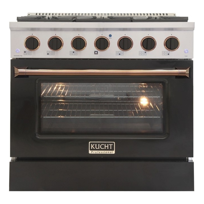 36 in. 5.2 cu. ft. Dual Fuel Range for Propane Gas in Gold Handle &  Ring Knobs.