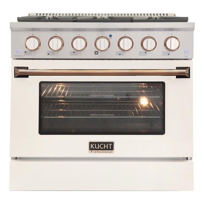 36 in. 5.2.  Dual Fuel Range for Propane Gas in Silver Gold Handle & Rings Knobs