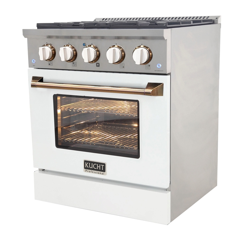 30 in. 4.2 cu. ft. Dual Fuel Range Propane Gas in Gold Handle & Ring Knobs.