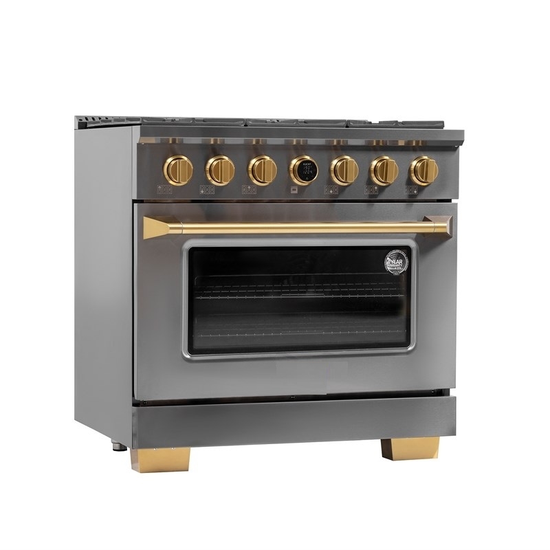 36 in. 5.2 cu. ft. Dual Fuel Range for Natural Gas in Dark Stainless Steel.