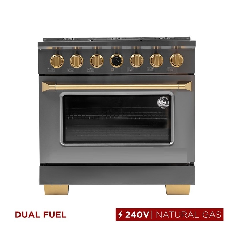 36 in. 5.2 cu. ft. Dual Fuel Range for Natural Gas in Dark Stainless Steel.
