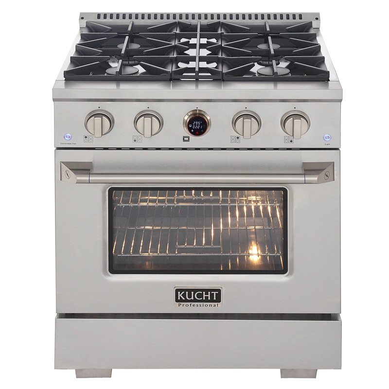 30 in. 4.2 cu. ft. 4 Burners Dual Fuel Range + Wall Mount Range Hood