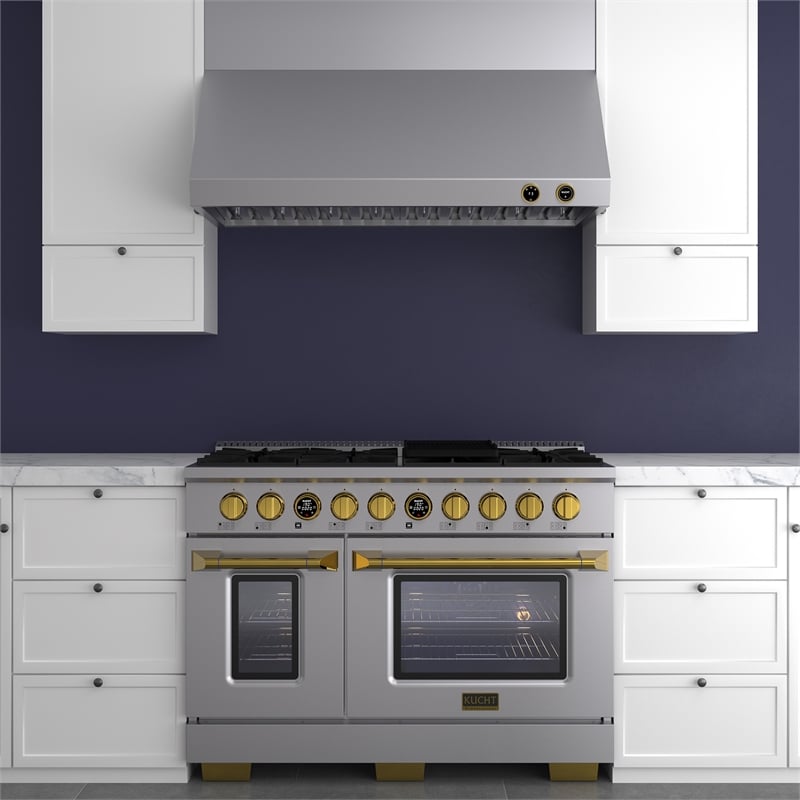 48 in. 6.7 cu. Dual Fuel Range for Natural Gas and Gold + Wall Mount Range Hood