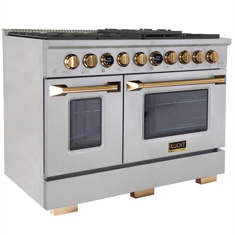48 in. 6.7 cu. Dual Fuel Range for Natural Gas and Gold + Wall Mount Range Hood