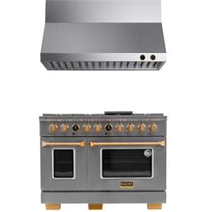 48 in. 6.7 cu. Dual Fuel Range for Natural Gas and Gold + Wall Mount Range Hood