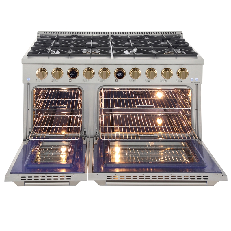 48 in. 6.7 cu. Dual Fuel Range for Propane Gas and Gold + Wall Mount Range Hood