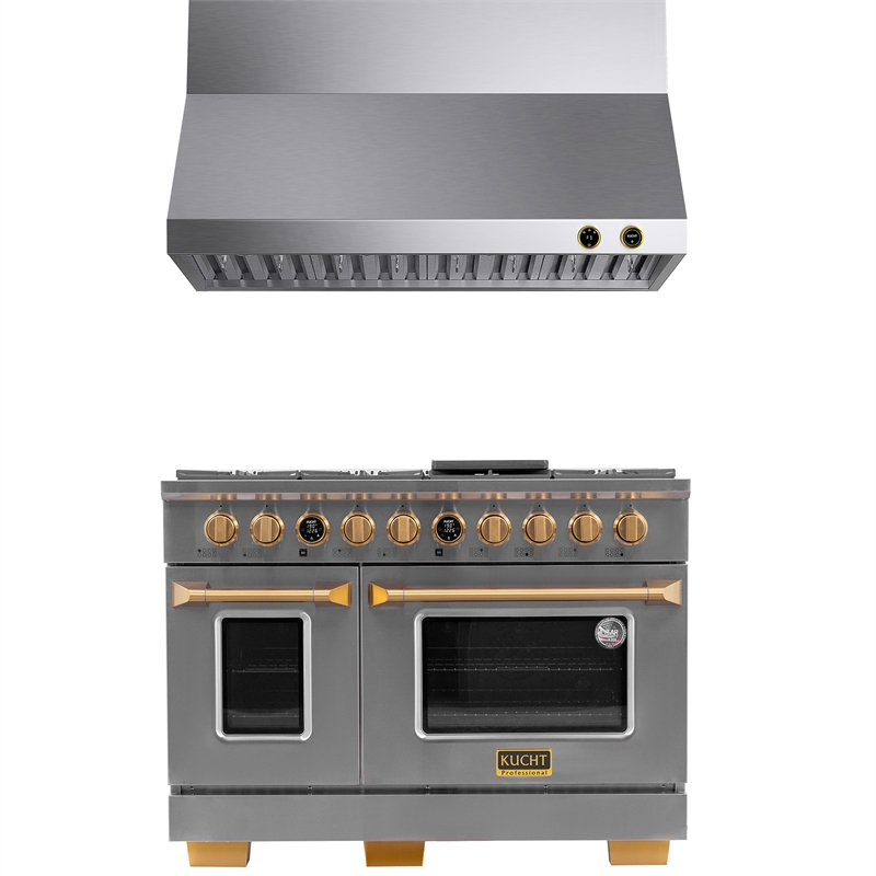 48 in. 6.7 cu. Dual Fuel Range for Propane Gas and Gold + Wall Mount Range Hood