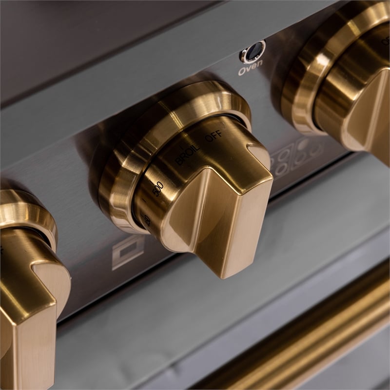 Gemstone. Dual Fuel Range for Natural Gas in Titanium SS + Wall Mount Range Hood