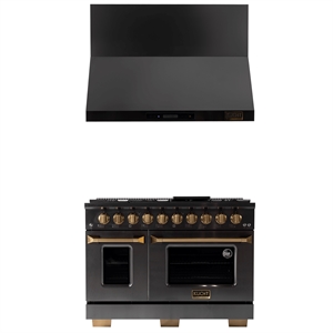 48 in. Dual Fuel Range for Propane Gas in Titanium SS + Wall Mount Range Hood