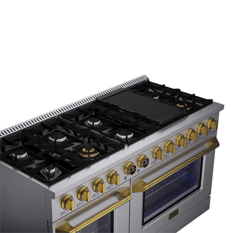 Dual Fuel Range for Propane Gas in Stainless Steel + Gold  Wall Mount Range Hood