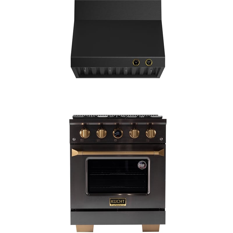 Dual Fuel Range  Natural Gas in Titanium Stainless Steel + Wall Mount Range Hood