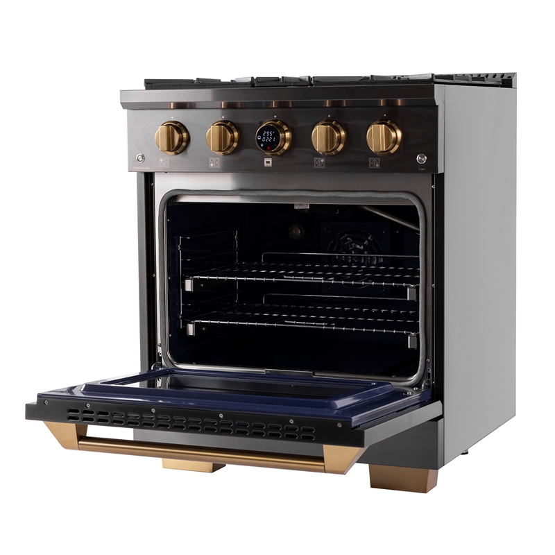 Dual Fuel Range Propane Gas in Titanium Stainless Steel + Wall Mount Range Hood