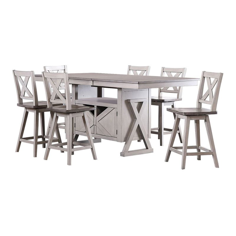 write Unravel pause Pilaster Designs Figaro 7-piece Wood Counter Height Dining Set in Wash Gray