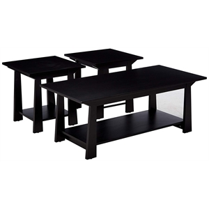 sally 3 piece coffee table set in black wood with storage shelves