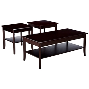 vania 3 piece coffee table set in dark cherry wood with storage shelves