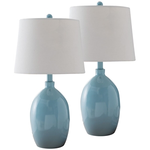 kaya resin body table lamp in light blue and white fabric drum shade (set of 2)