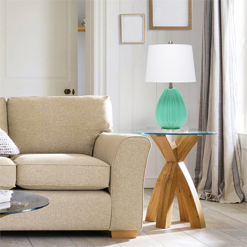 Lalia Home Glass Pleated Table Lamp in Seafoam Blue with White Shade